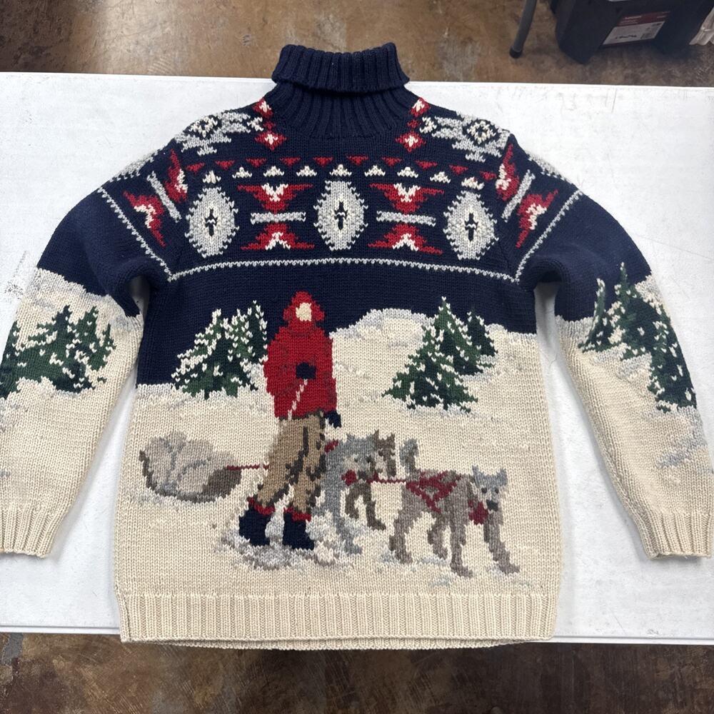Vintage 90s Lauren Ralph Lauren Native Dog Sled Sweater Hand Knit Turtleneck M